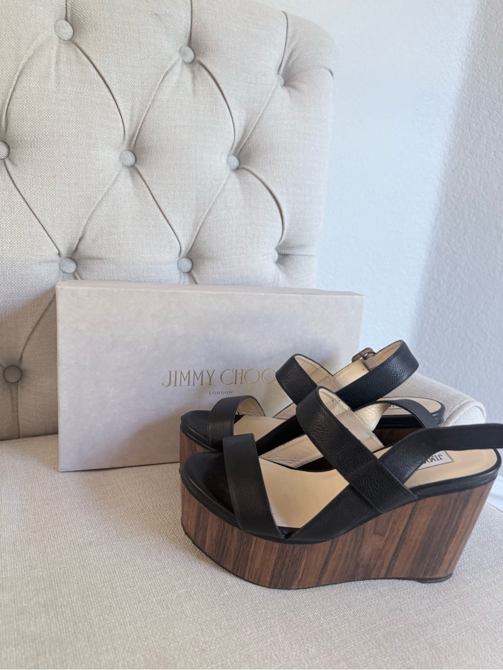 Jimmy Choo Black Leather Platform Sandals with Wood-Effect Wedge